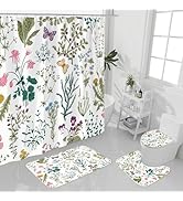 Litabel 4 Pcs Sage Green Floral Shower Curtain Sets with Non-Slip Rug, Toilet Lid Cover and Bath ...