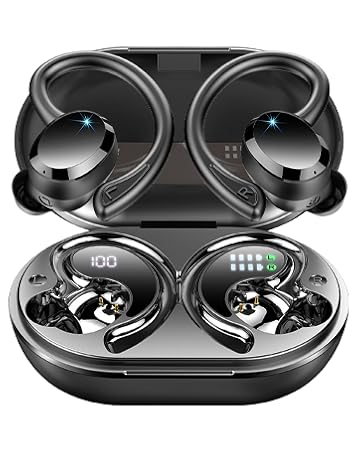 Wireless earbuds with ear hooks in charging case. Case displays battery percentage. Earbuds feature glossy black finish with visible controls.