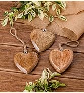 Mie Creations Set of 3 Vintage Hand Carved Wooden Heart Ornaments with Jute Twine, Rustic 4 inch ...