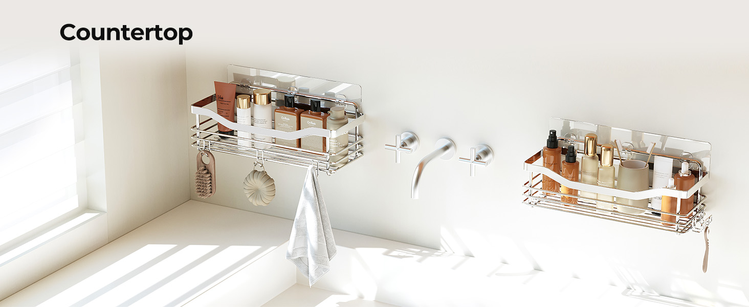 No Drilling Wall Mount Adhesive Rust Proof Stainless Steel Shower Organizer with Hooks for Bathroom