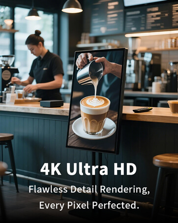 Digital display showcasing 4K Ultra HD technology, featuring a closeup of latte art being created. Text emphasizes flawless detail rendering and pixel perfection.