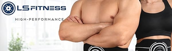 Black LS Fitness abdominal toning belt with wireless controller displayed on a white background