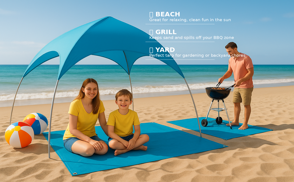 at the beach with tarps