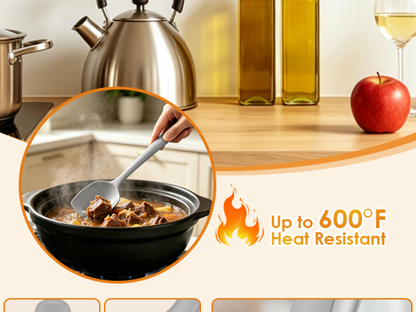 Silicone kitchen spatula stirring stew in a pot, heat resistant up to 446°F