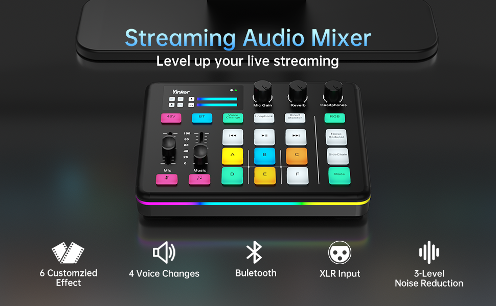 gaming audio mixer rgb xlr audio interface bluetooth sound board sound card dj controller mixer