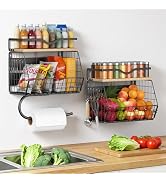 Housolution 2 Pack Wall Mounted Fruit Basket with Wood Lid, Hanging Kitchen Storage Basket for Fr...