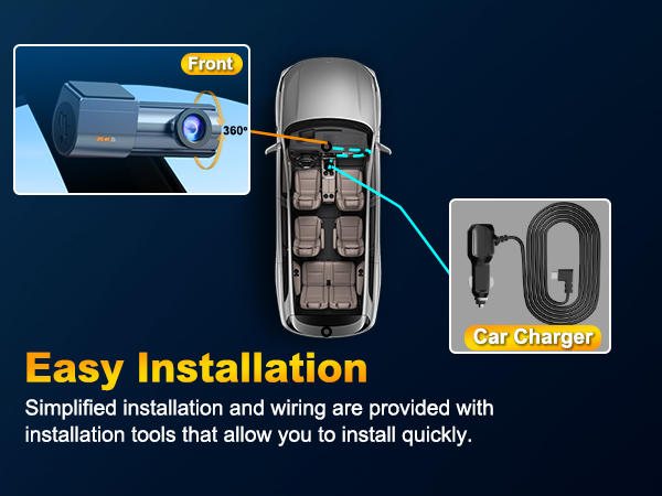 Diagram showing car dashboard camera installation. Features front-view camera, car charger, and text 'Easy Installation' with details about simplified setup process.