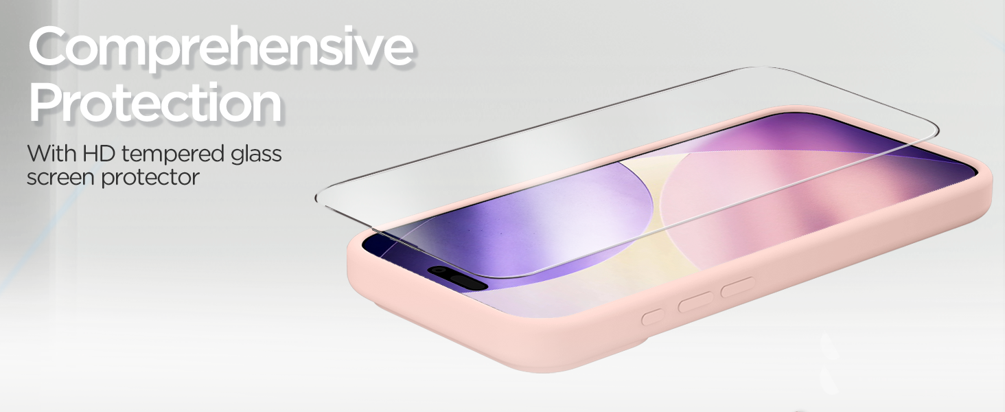 Text reads 'Comprehensive Protection' and 'With HD tempered glass screen protector'. Similar visualization of smartphone screen protector from different angle.