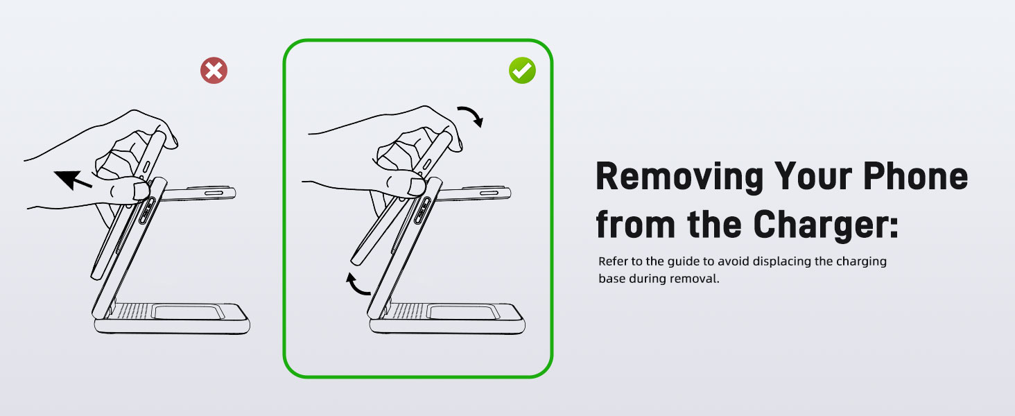 Instructional diagram showing correct and incorrect methods for removing phone from charging device.