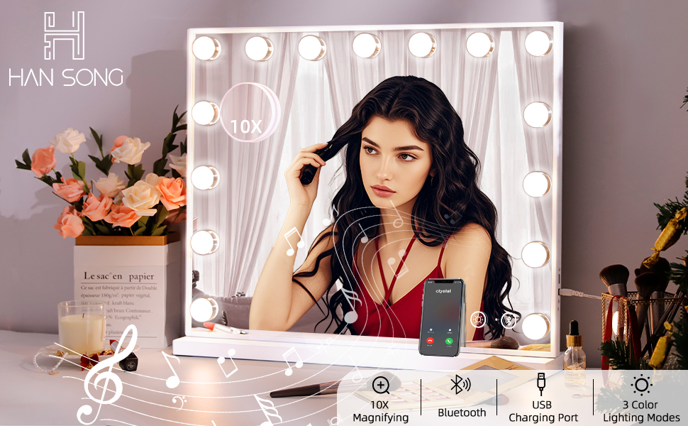 Illuminated vanity mirror with LED lights, featuring 10x magnification, Bluetooth connectivity, and USB charging port. Displayed on a dresser with makeup accessories.