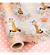 MAYPLUSS Reversible Baby Girl Wrapping Paper Roll, Little Girl Baby Shower Wrapping Paper, Metall...