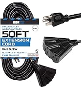 50 Ft Outdoor Extension Cord with 3 Electrical Power Outlets - 16/3 SJTW Durable Black Cable