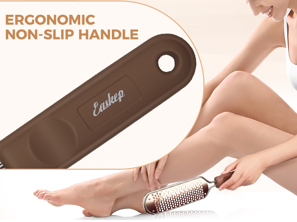 Close-up of a foot file with brown ergonomic non-slip handle, featuring perforated metal filing surface being demonstrated on foot.