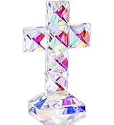 QFkris Colorful Crystal Cross Standing 5'' Tall Traditional Cross Figurine Glass Craft Memorial G...