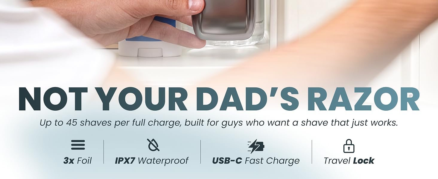 A young man putting an electric razor next to deodorant in a bathroom