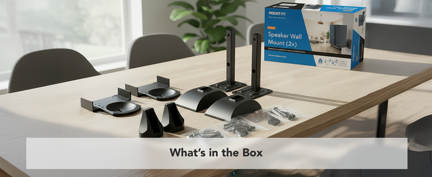 MI-SB37 speaker wall mount components, hardware, and retail box displayed.