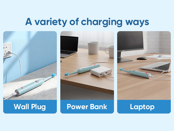 Text reads 'A variety of charging ways' with icons labeled 'Wall Plug', 'Power Bank', and 'Laptop'. Images show device being charged through different power sources.
