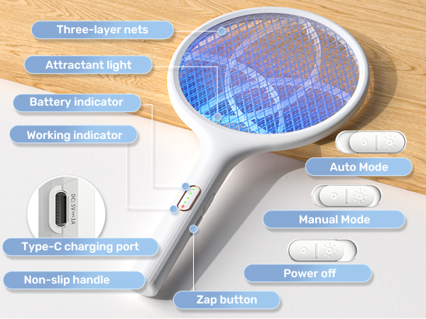 Electric Fly Swatter 4000V Bug Zapper Racket Dual Modes Mosquito Killer