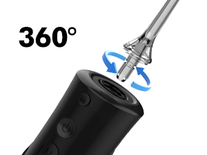 Close-up of a black connector or adapter with metallic tip showing 360-degree rotation capability indicated by blue directional arrows.