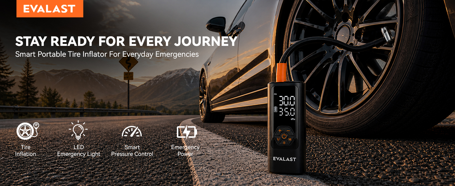 EVALAST portable tire inflator connected to a passenger car tire for roadside emergencies.