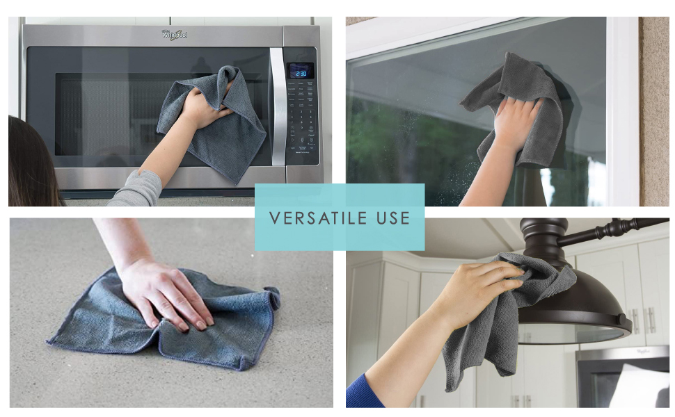 Person wiping microwave, window, counter and lamp with microfiber cloth