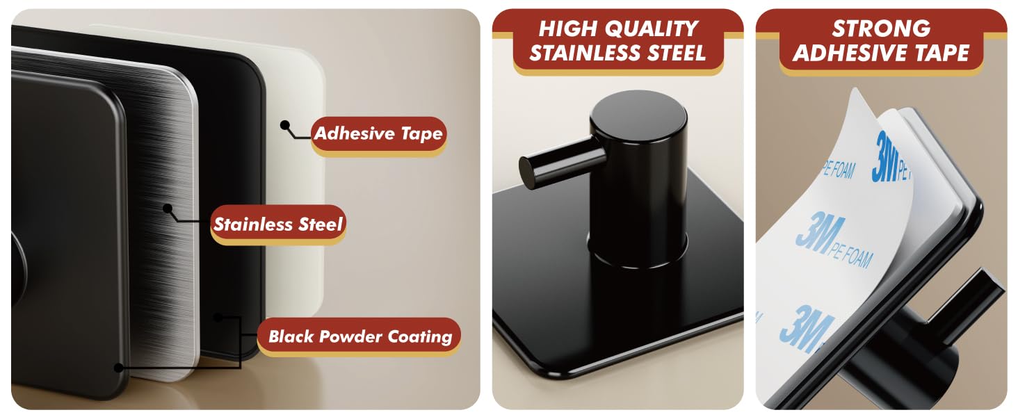 Premium coat hook construction: stainless steel, black powder coating, and strong adhesive tape