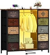 VASICAR Dresser for Bedroom with Hanging Rack, 10 Drawers TV Stand with Charging Station LED Ligh...