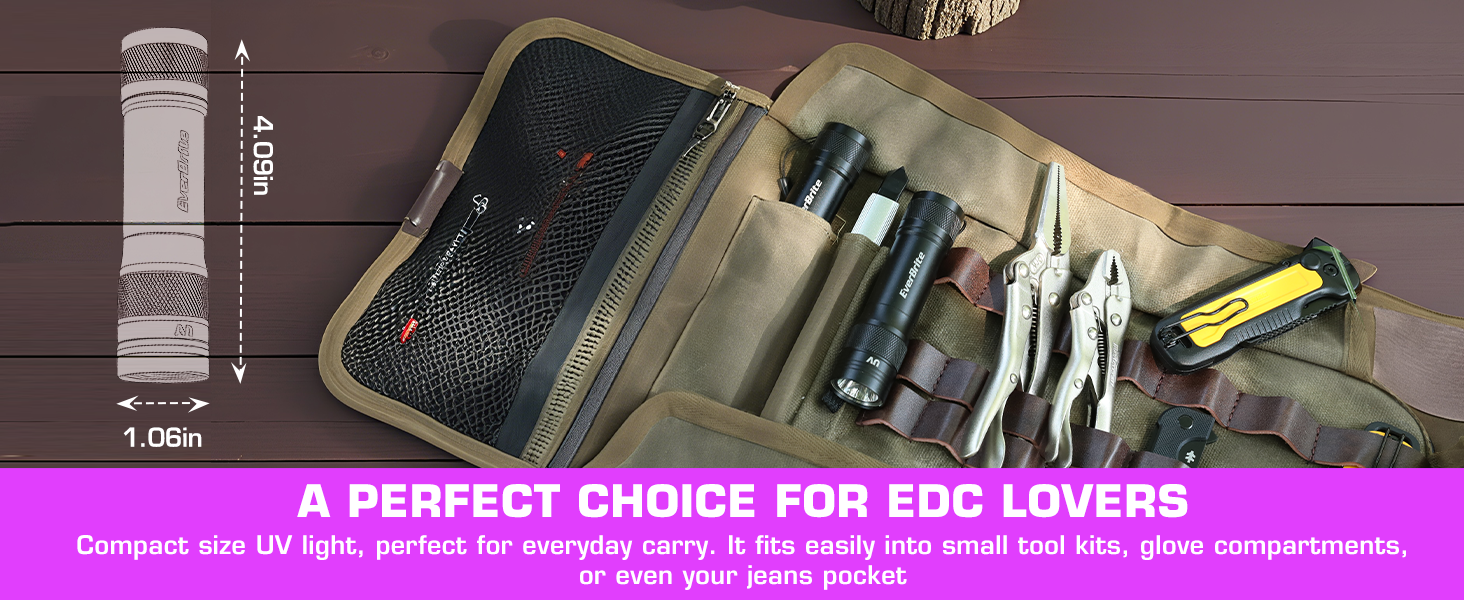 Compact size UV light, perfect for everyday carry. It fits into small tool kits, or even pocket