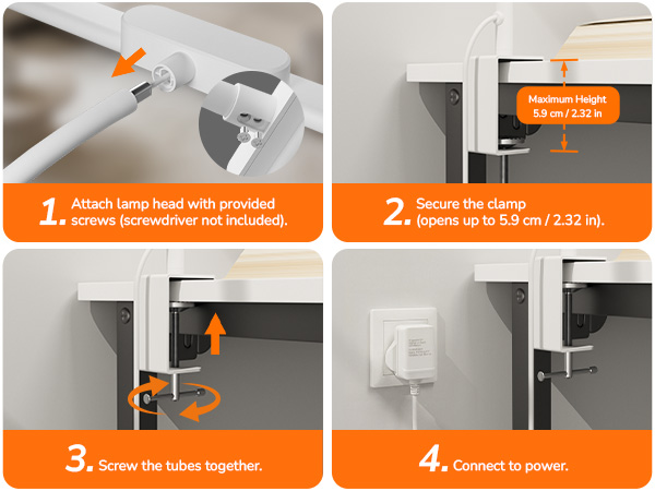 Text reads: '1. Attach lamp base with provided screws (provided mount). 2. Secure the base secure mount up to 12mm / 0.47'. Instructional diagram showing wall mount installation steps.