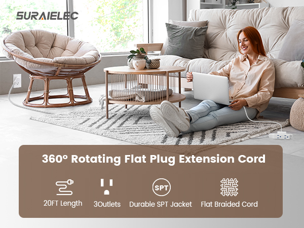 360° Rotating Flat Plug Extension Cord with 3 Outlets