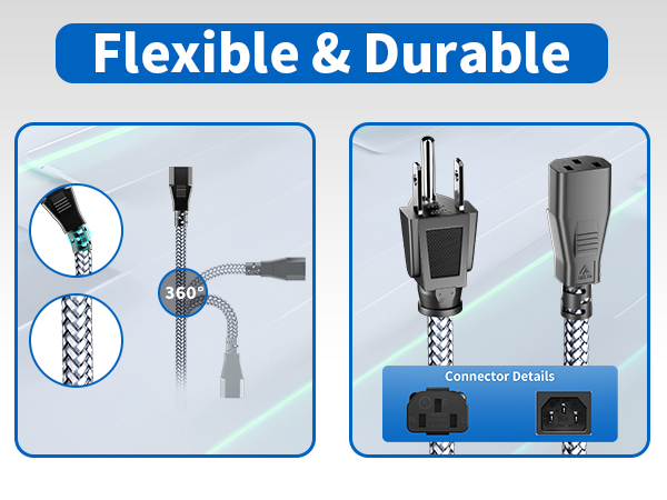 3 Prong AC Power Cable Nylon Braided PC Power Cord Replacement for Computer, HDTV, Monitor, Printer