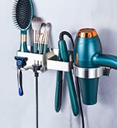 Wall-mounted organizer holding various tools and supplies, featuring blue and turquoise items in vertical arrangement.