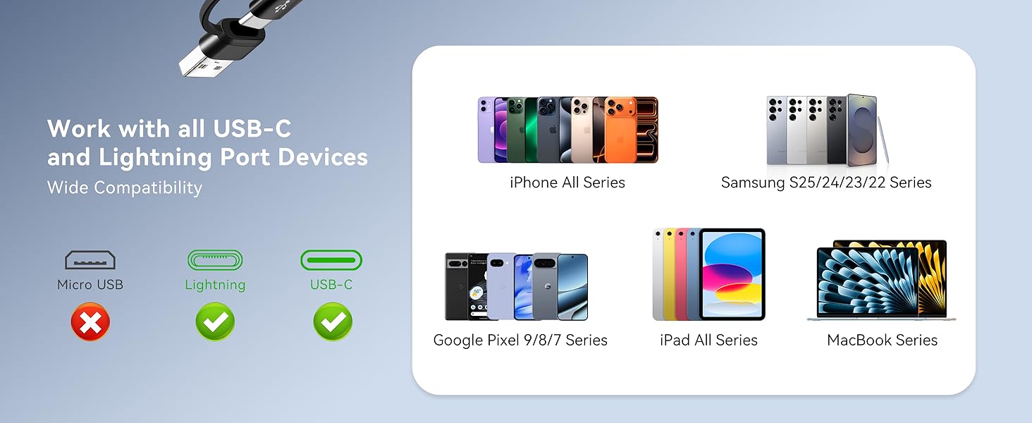 Support with all USB-C and Lightning Port Electronic Devices