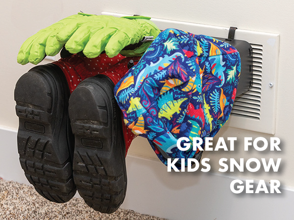 A child's hat, gloves, and boots drying on the dryer. Text reads "Great for kids snow gear"