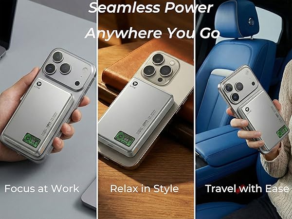 Magnetic battery pack for iPhone lifestyle scenes office car driving wireless charging