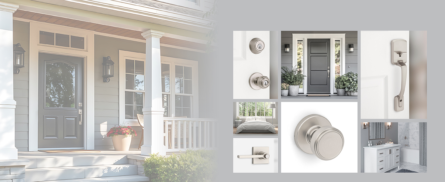 A collage of Kwikset Security products alongside light, stylish home interior and exterior images.