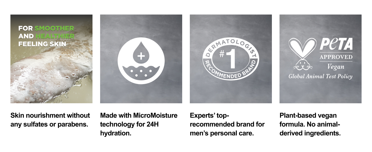 Icons highlighting skin benefits, hydration, dermatologist approval &amp; PETA-certified vegan formula.