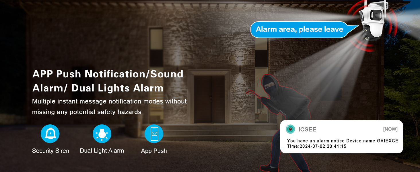 wifi outdoor security camera with multiple alarm, APP PUSH NOTIFICATION, SOUND ALARM
