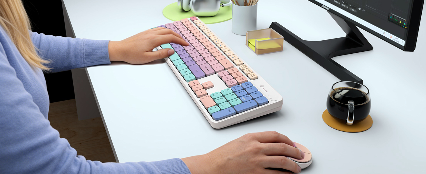 rainbow pastel full-size keyboard and mouse