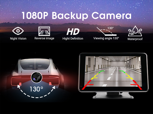 1080P backup camera with night vision, reverse image, HD quality, 130° viewing angle, and waterproof features. Displays car rear view with guidance lines on dashboard screen.