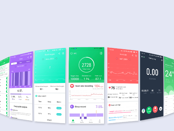 Multiple colorful mobile app interface screens showing fitness and health tracking data, including steps, calories, and heart rate information.