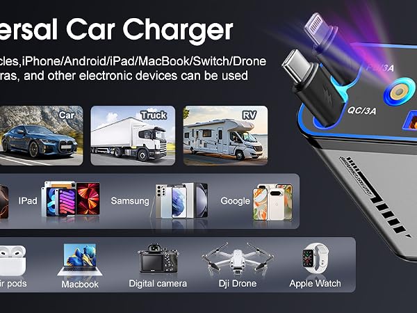Universal Car Charger,for iPhone/Android/iPad/MacBook/Switch/GPS/digital cameras, and so on.