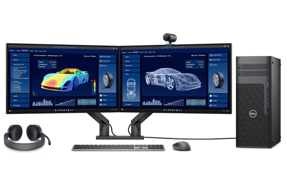 Dual-monitor computer setup with curved displays showing car design software, accompanied by a desktop tower, keyboard, mouse, and headset on a dark surface.