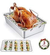 Roasting Pan with Rack Set, E-far 14 Inch Stainless steel Turkey Roaster with V Rack &amp; Broil Rack...