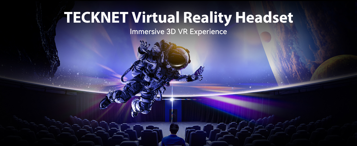 Advertisement for TECKNET Virtual Reality Headset. Shows space-themed imagery with an astronaut, emphasizing immersive 3D VR experience.