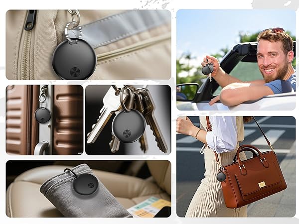 Collage showing black spherical tracking device attached to various items including bags and clothing, with multiple usage demonstration photos.