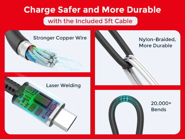 Charge Safer and More Durable with the Included 5ft Cable