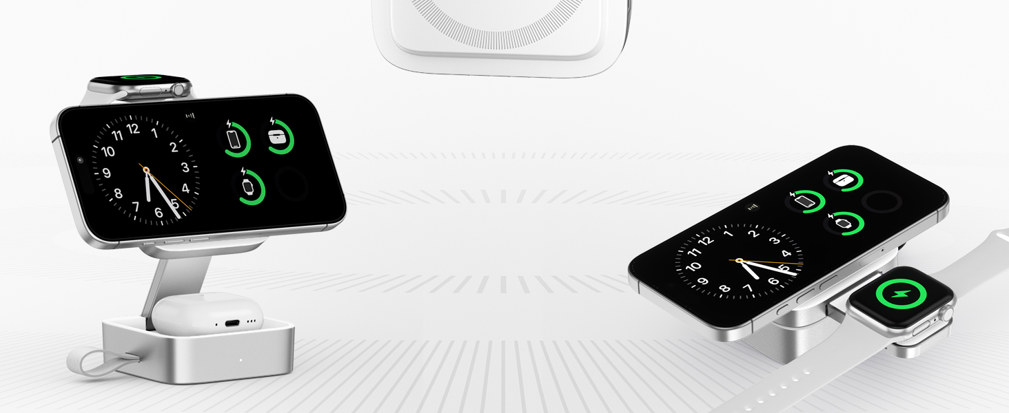 Multiple white smartphone charging stand holders displaying black mobile phones with green app icons and charging indicators, shown from different angles in minimal white setting.