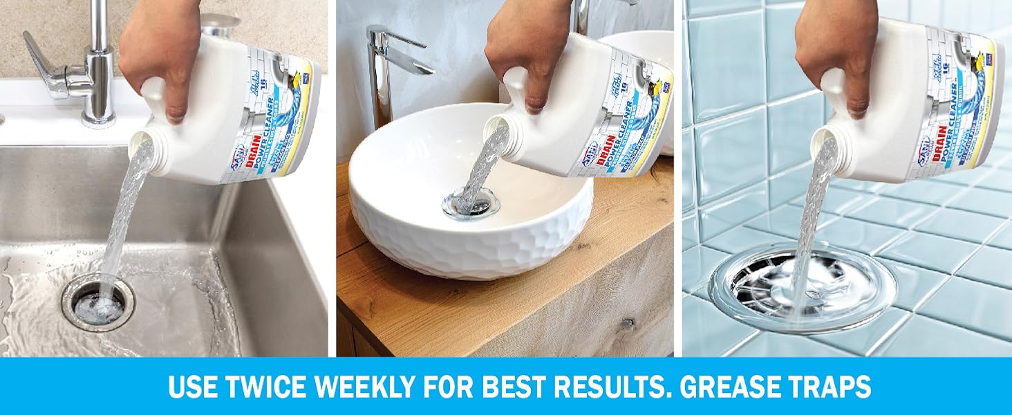 Hand pouring drain cleaner into sink. Use twice weekly for best results. GREASE TRAPS