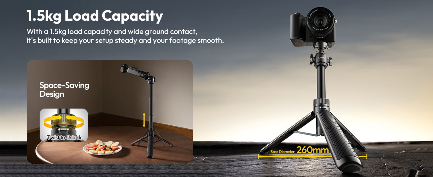 Series of product photographs showing a camera gimbal or stabilizer in various positions against dark backgrounds. Text reads 'Long Load Capacity' and 'Self-balancing Design.'